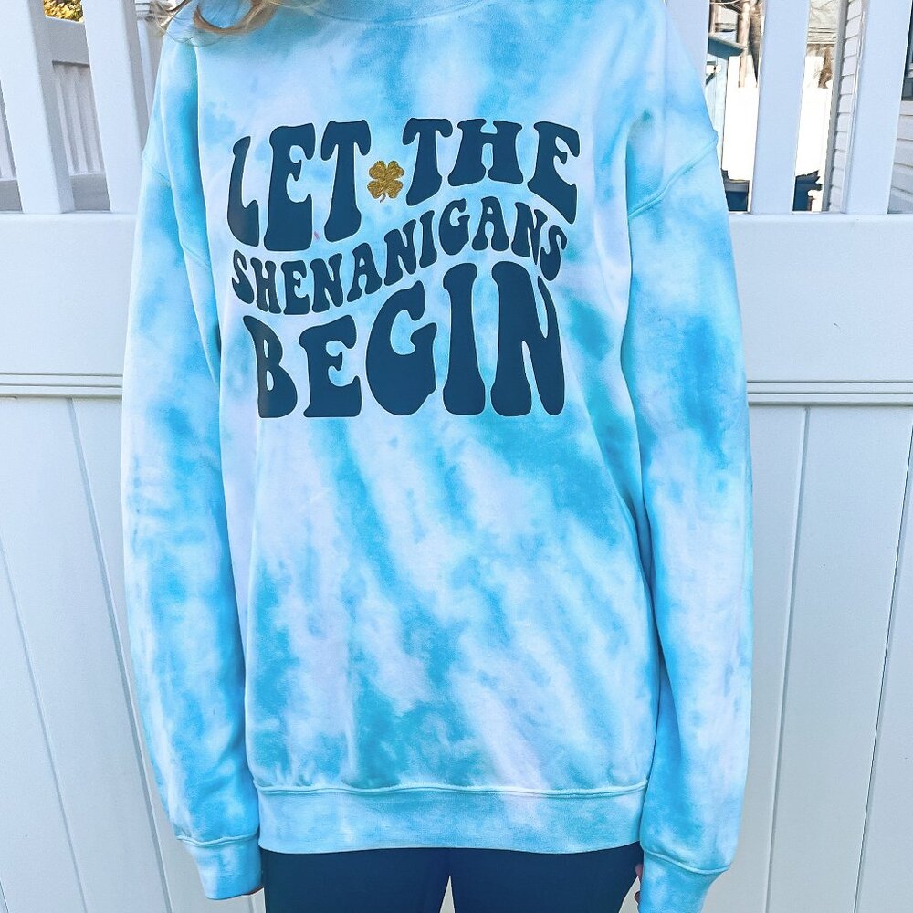 Adult Medium 'Let the Shenanigans Begin' Emerald Tie-Dye Crewneck Sweatshirt